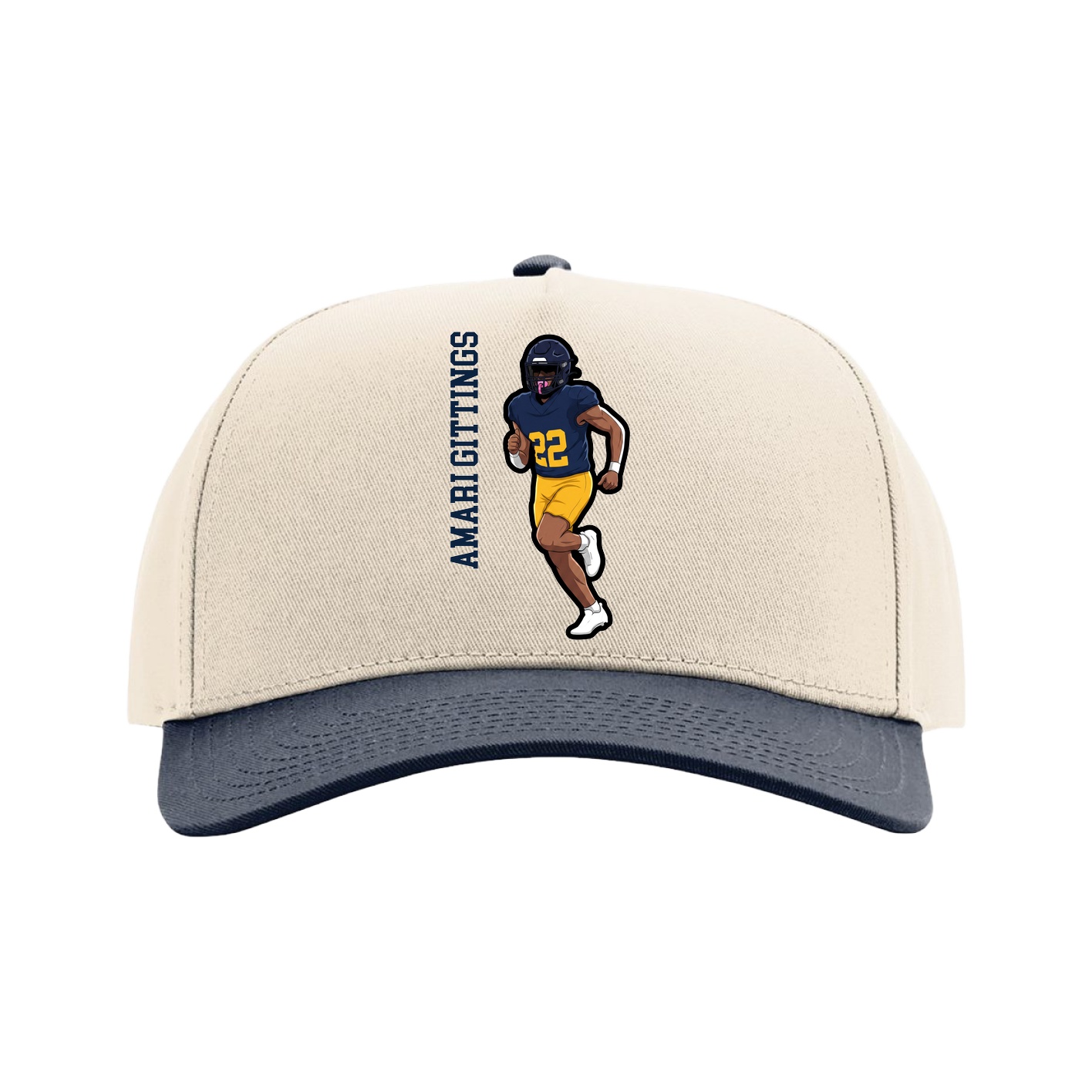 Full Fabric Five-Panel Champ Cap — Name Vertical in Cream/Navy