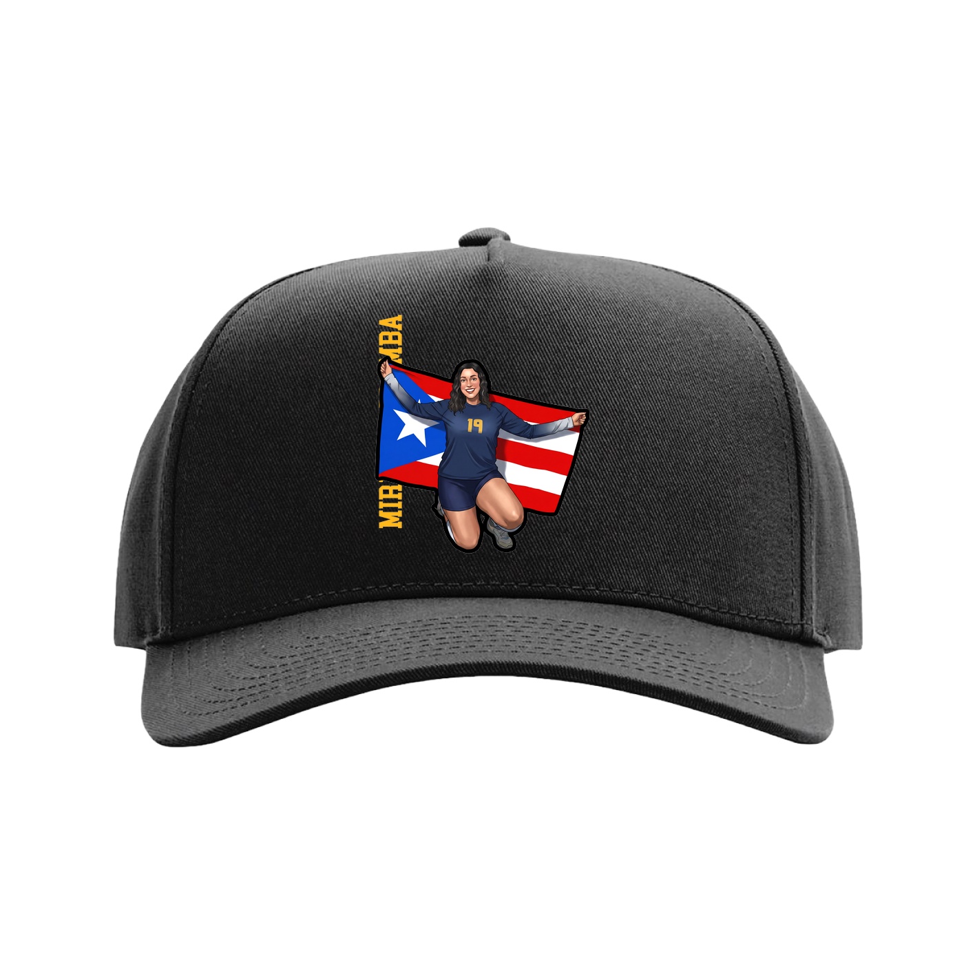 Full Fabric Five-Panel Champ Cap — Name Vertical in Black