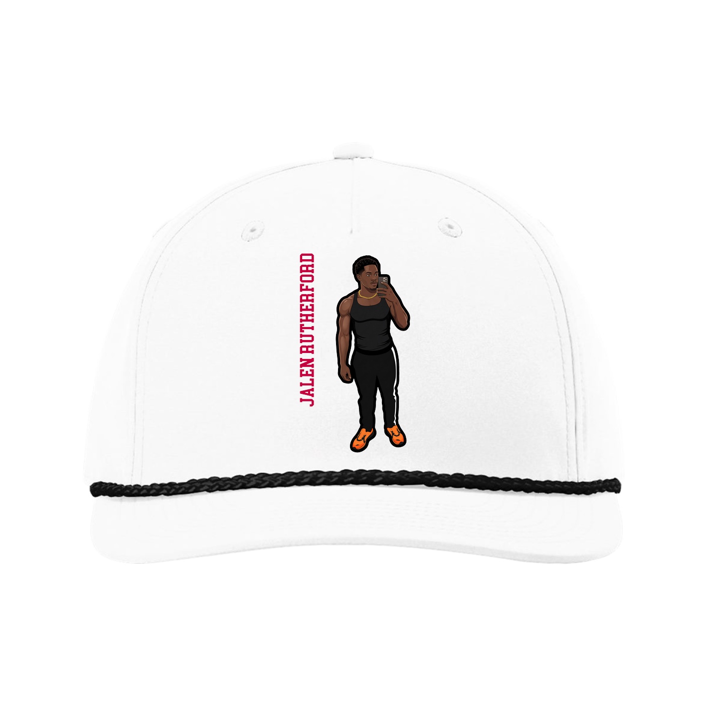 Five-Panel Classic Rope Cap — Name Vertical in White