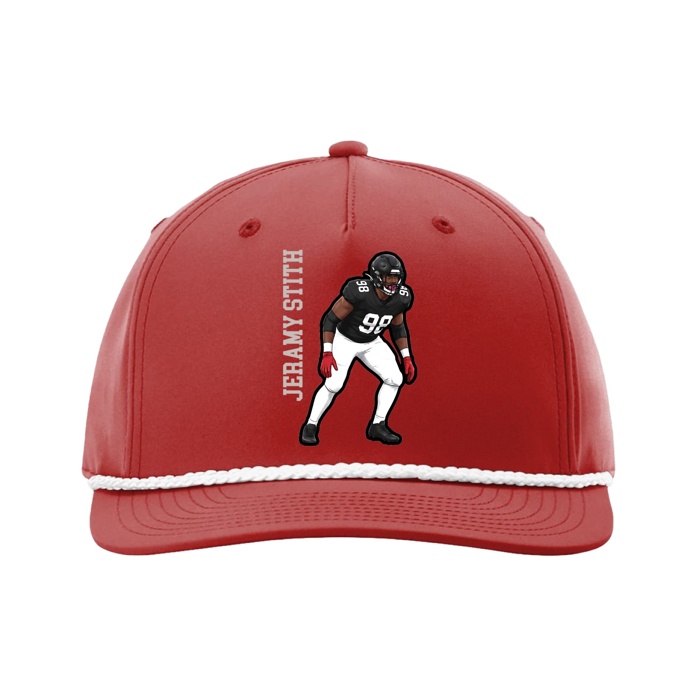Five-Panel Classic Rope Cap — Name Vertical in Red