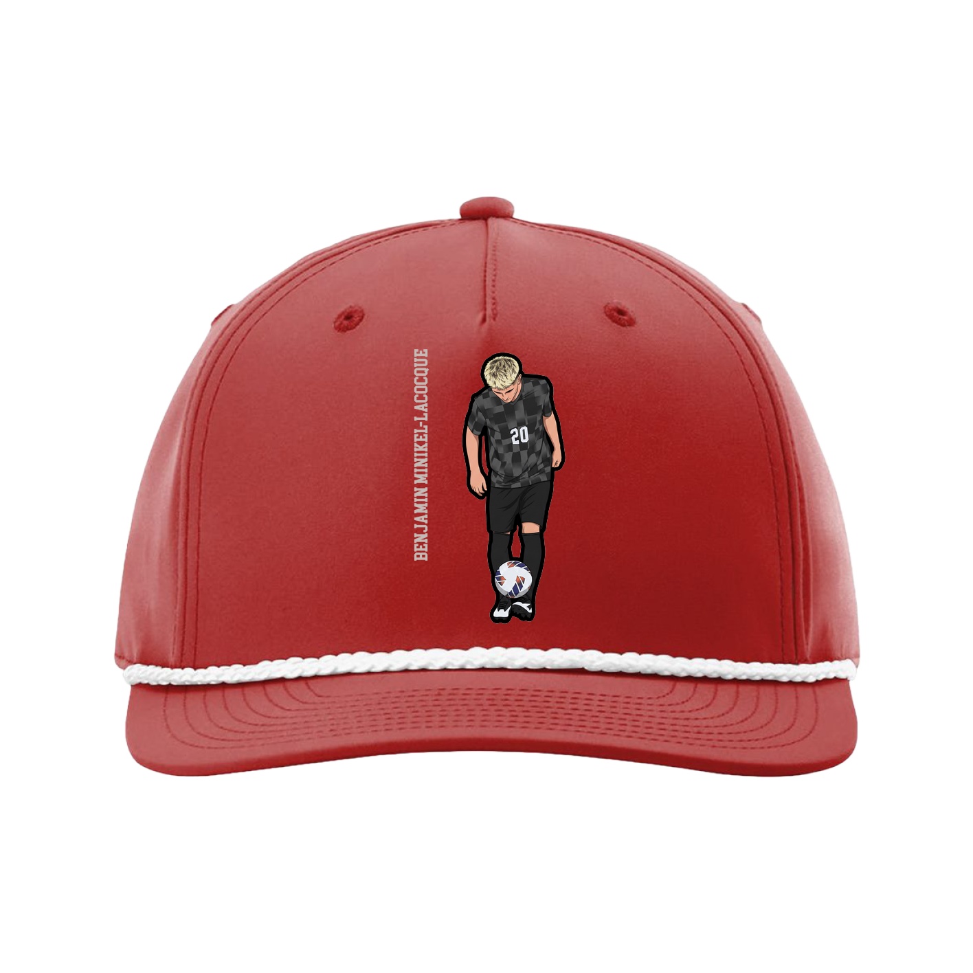 Five-Panel Classic Rope Cap — Name Vertical in Red