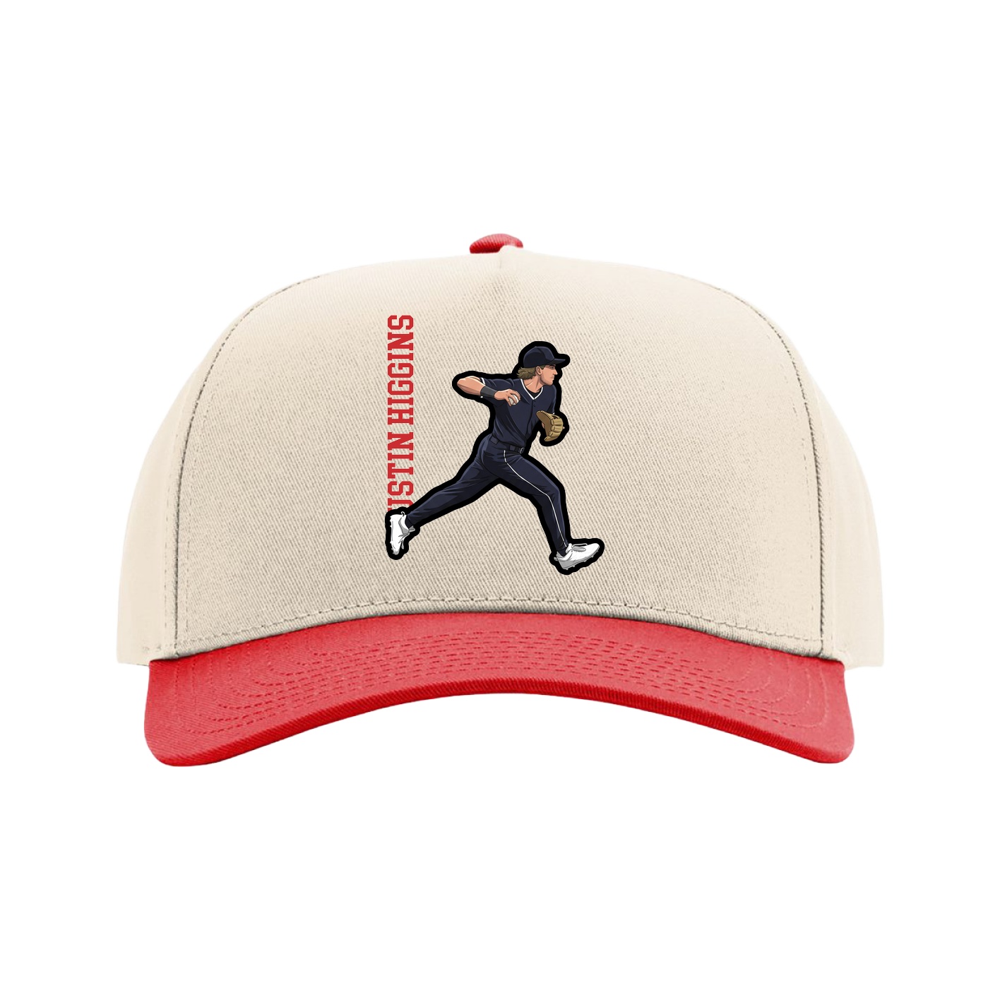 Full Fabric Five-Panel Champ Cap — Name Vertical in Cream/Red