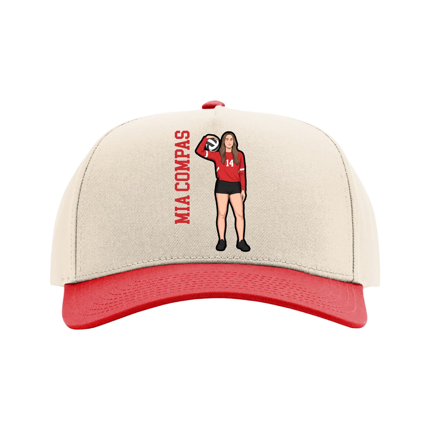 Full Fabric Five-Panel Champ Cap — Name Vertical in Cream/Red