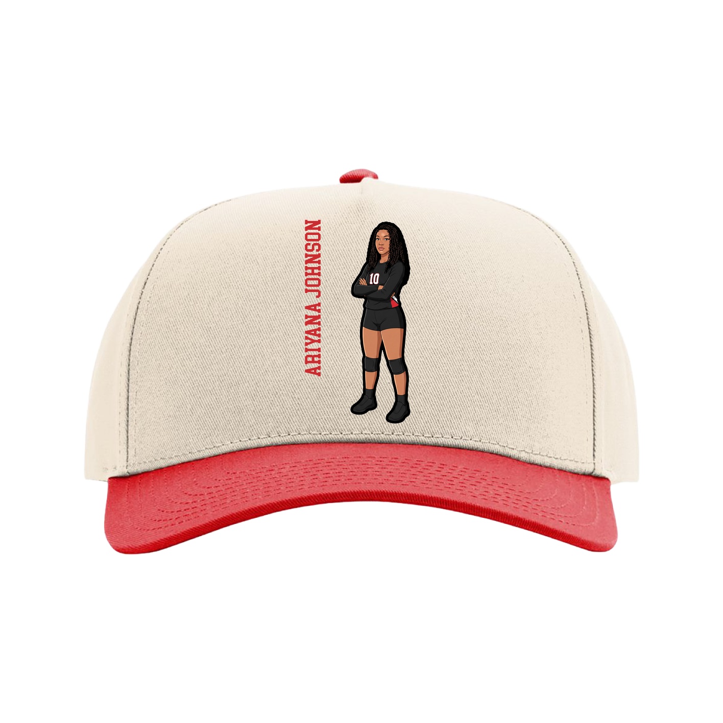 Full Fabric Five-Panel Champ Cap — Name Vertical in Cream/Red