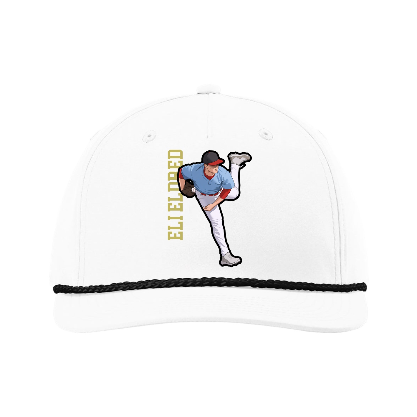 Five-Panel Classic Rope Cap — Name Vertical in White