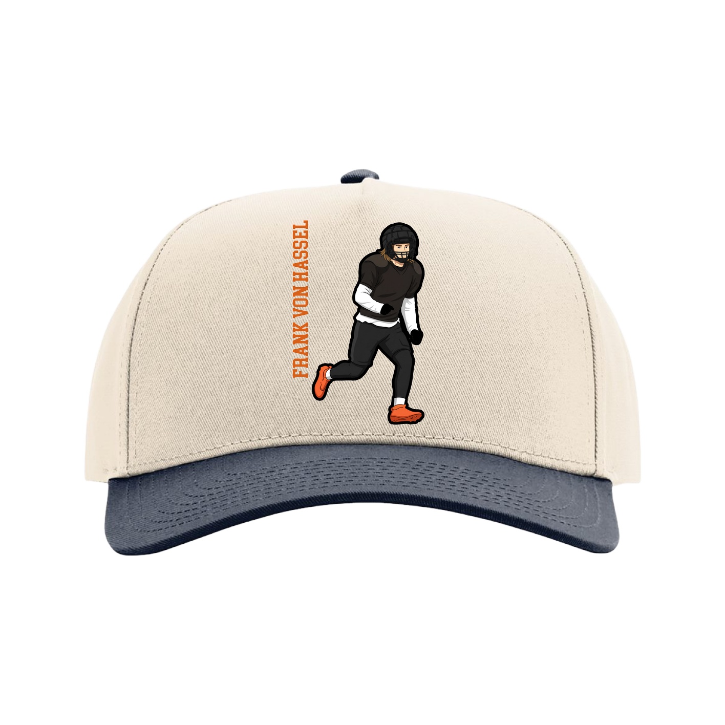 Full Fabric Five-Panel Champ Cap — Name Vertical in Cream/Navy