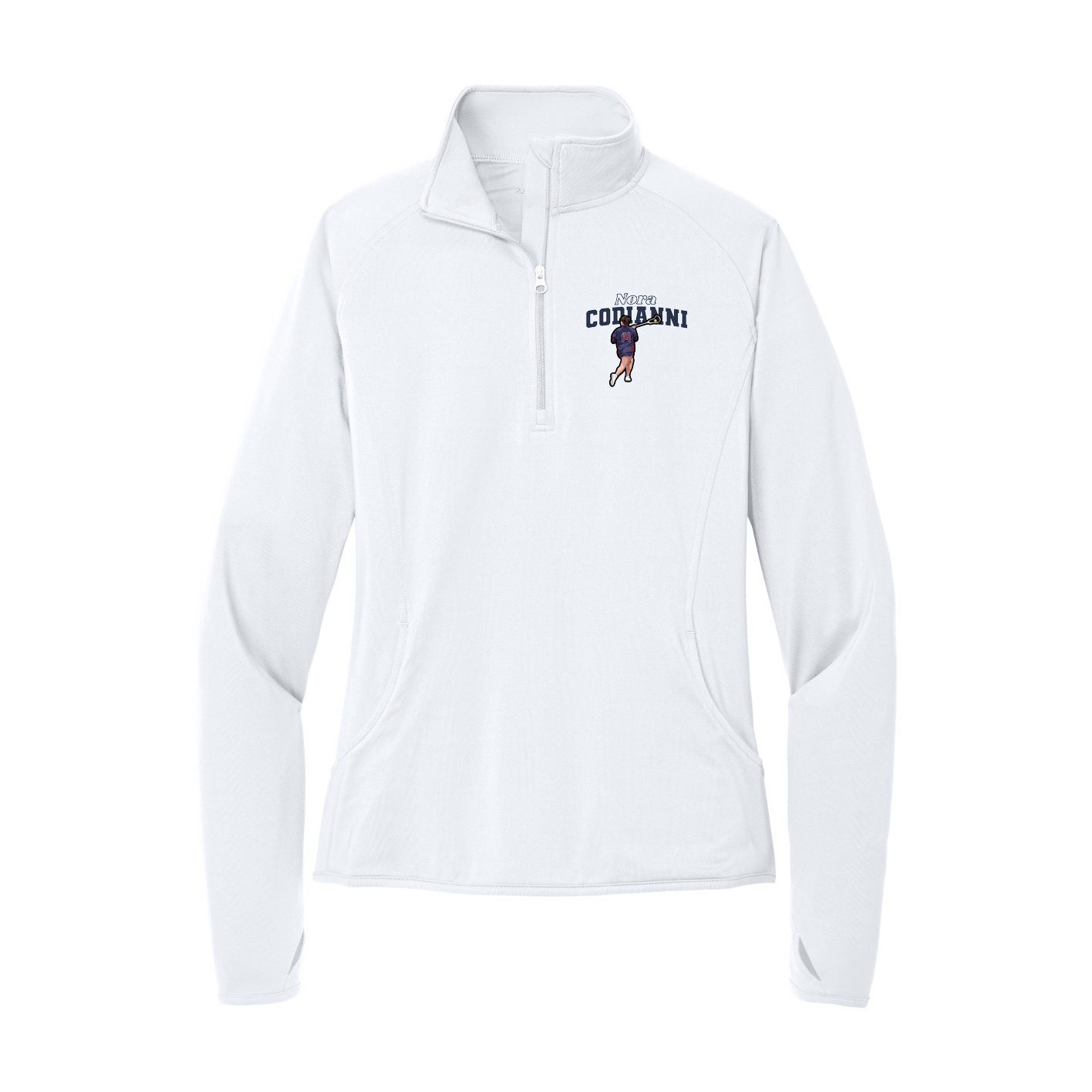 Women's Q-Zip Pullover — Name Arch in White