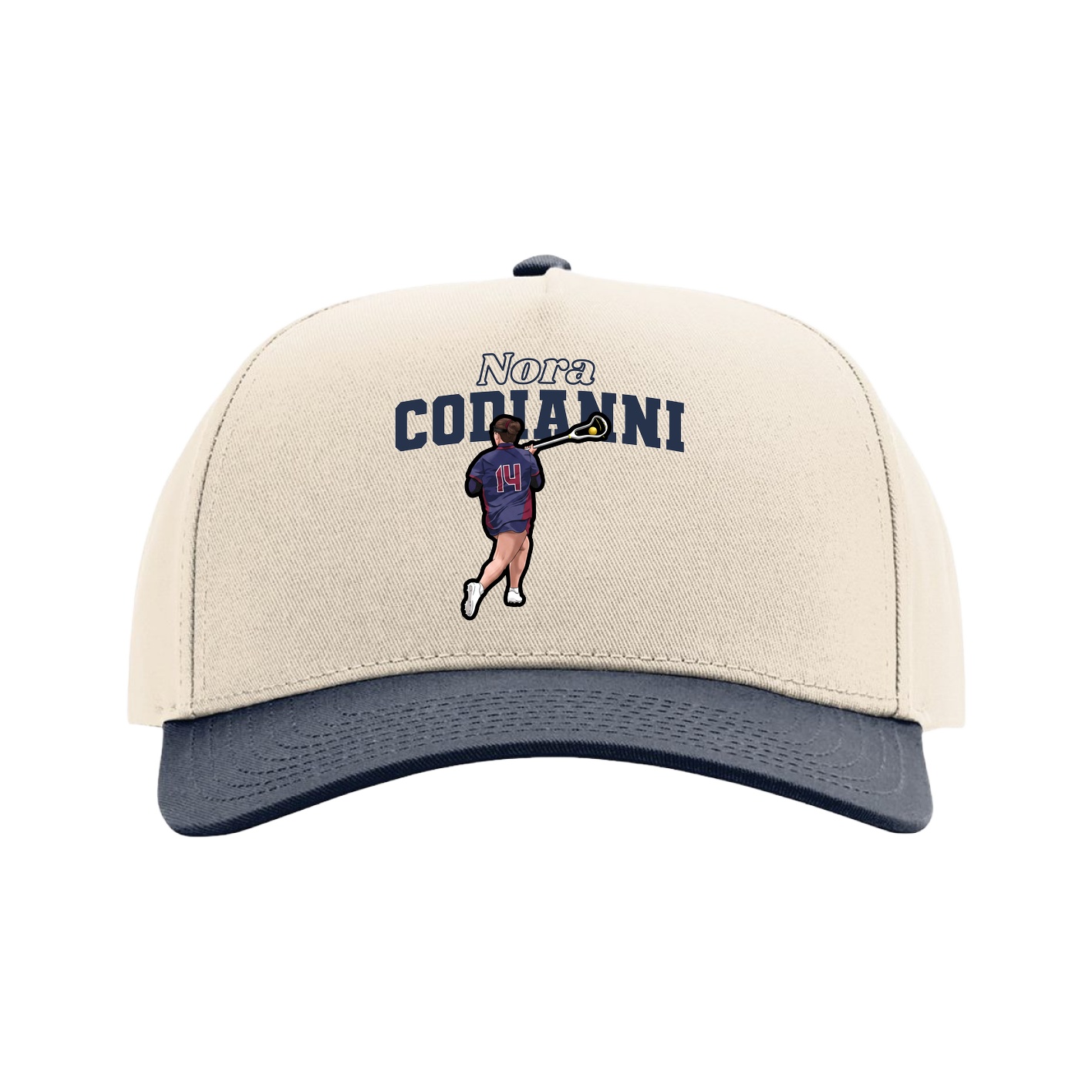 Full Fabric Five-Panel Champ Cap — Name Arch in Cream/Navy