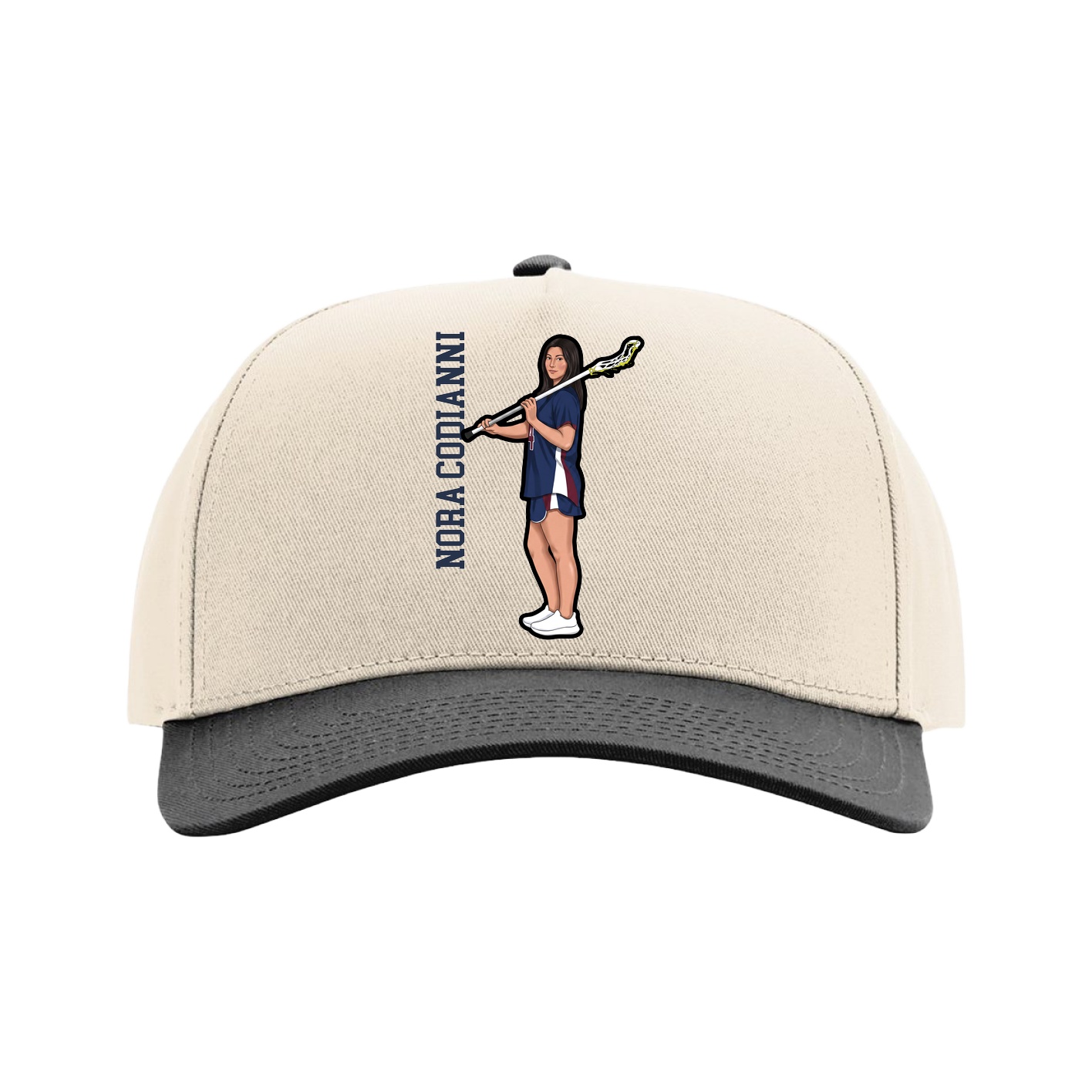 Full Fabric Five-Panel Champ Cap — Name Vertical in Cream/Black