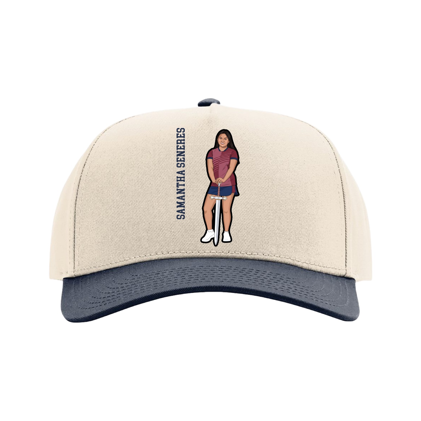 Full Fabric Five-Panel Champ Cap — Name Vertical in Cream/Navy