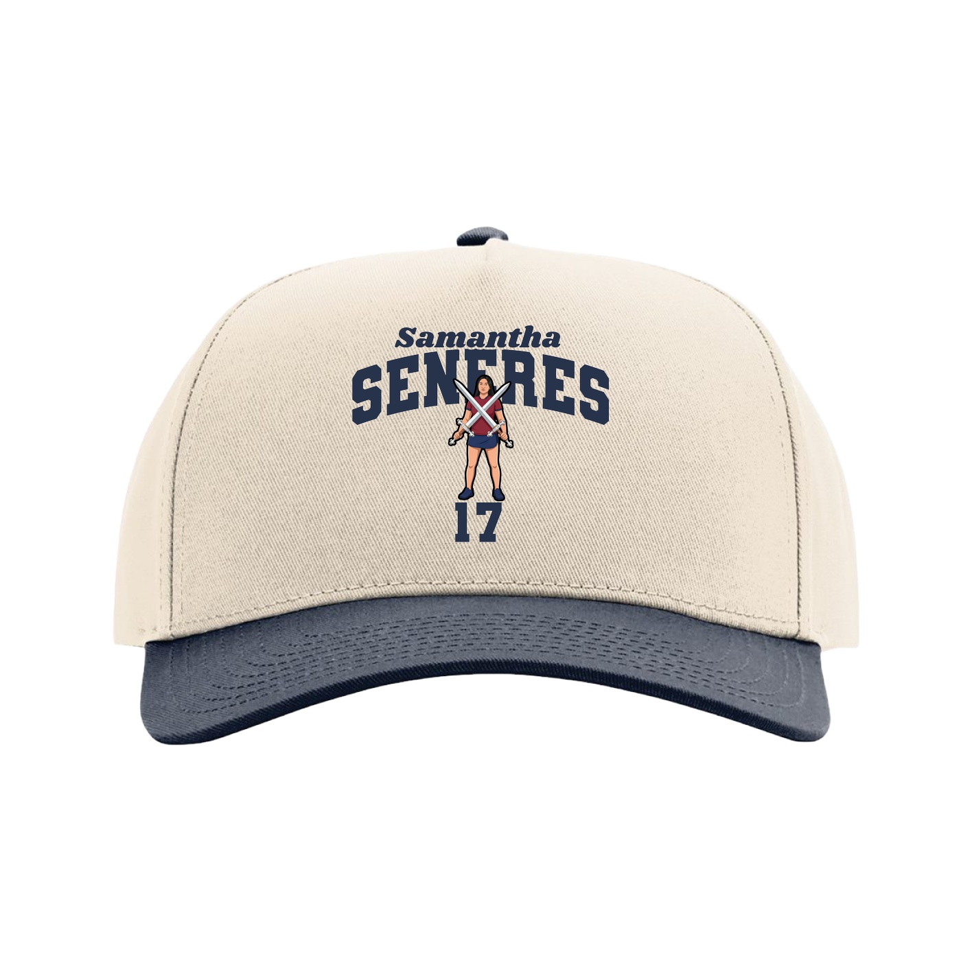 Full Fabric Five-Panel Champ Cap — Signature Arch in Cream/Navy