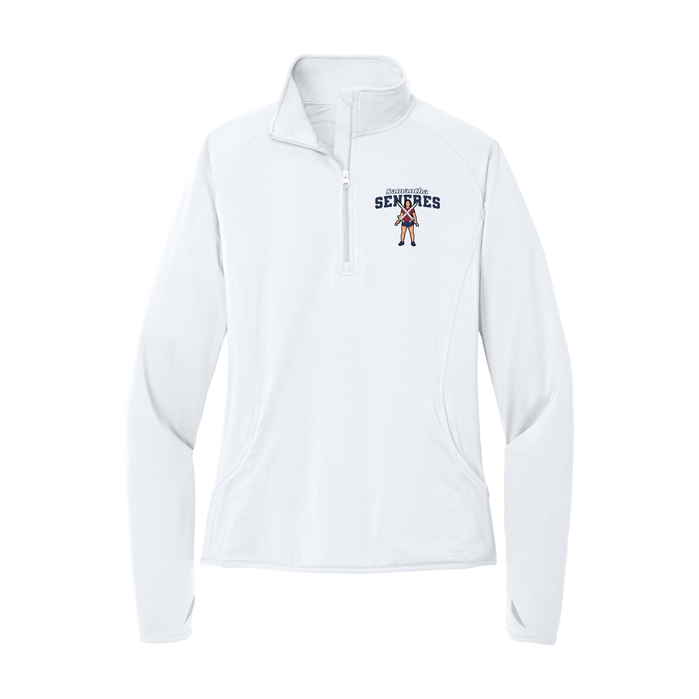 Women's Q-Zip Pullover — Name Arch in White