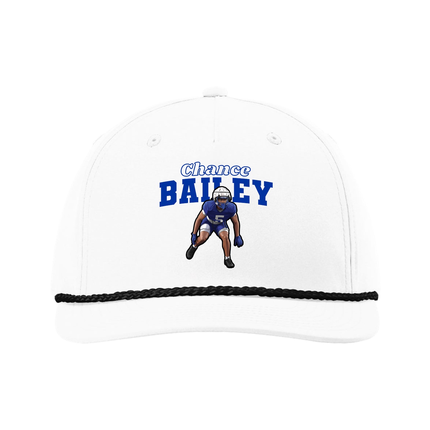 Five-Panel Classic Rope Cap — Name Arch in White