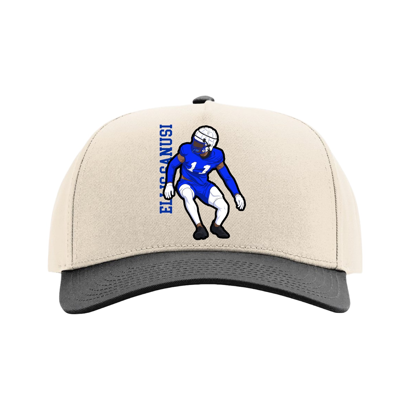 Full Fabric Five-Panel Champ Cap — Name Vertical in Cream/Black