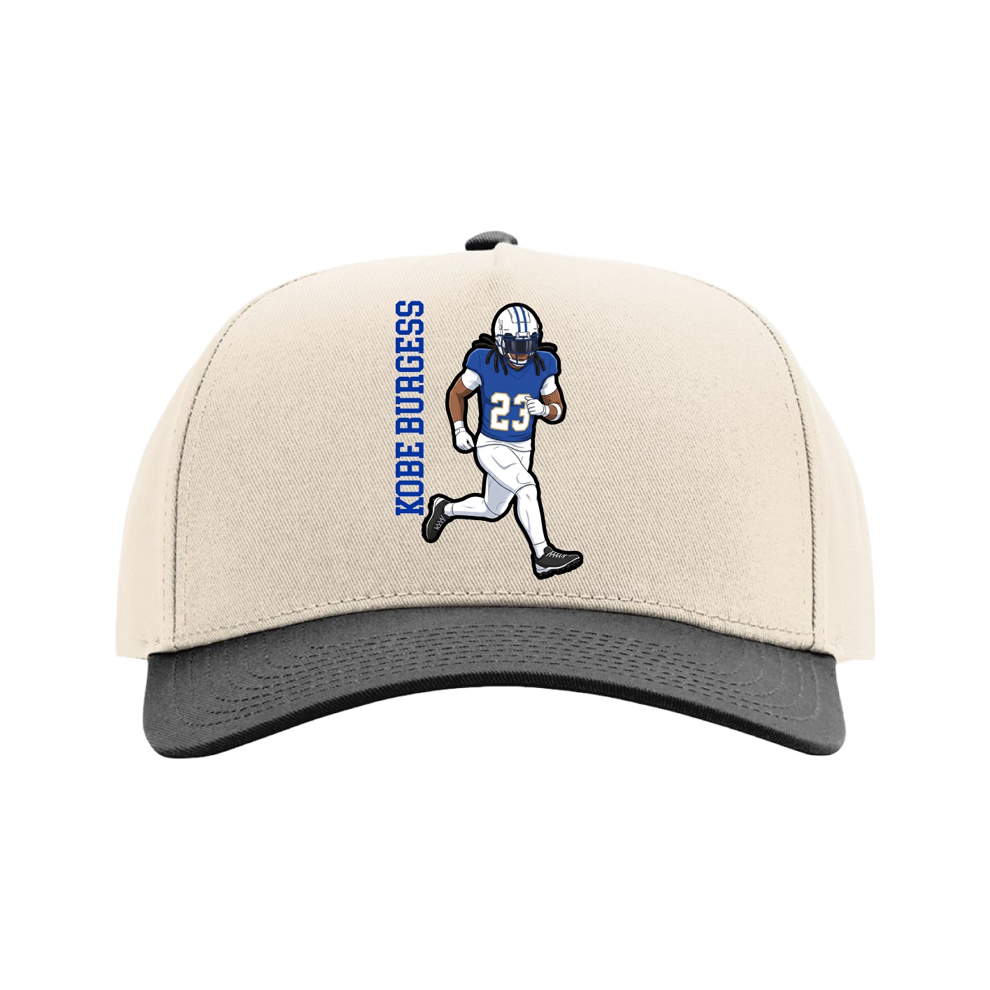 Full Fabric Five-Panel Champ Cap — Name Vertical in Cream/Black