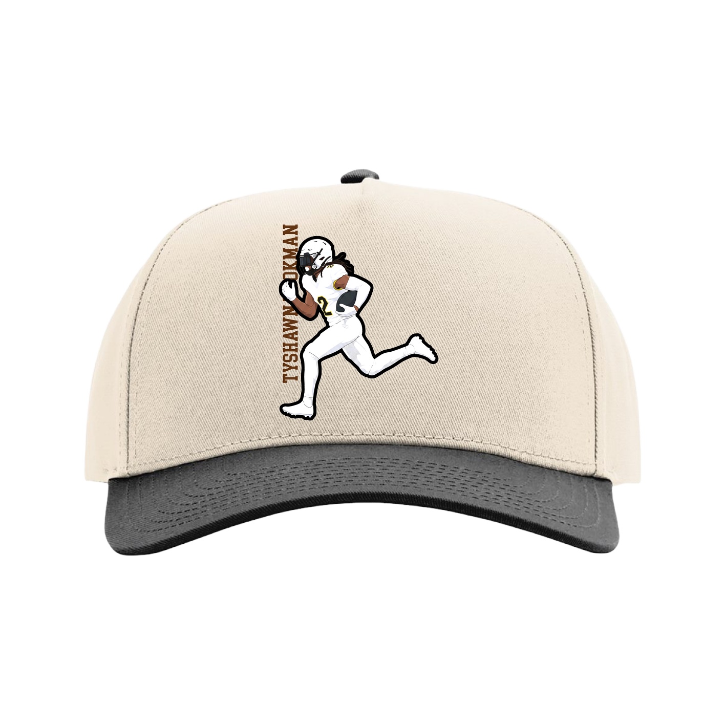 Full Fabric Five-Panel Champ Cap — Name Vertical in Cream/Black