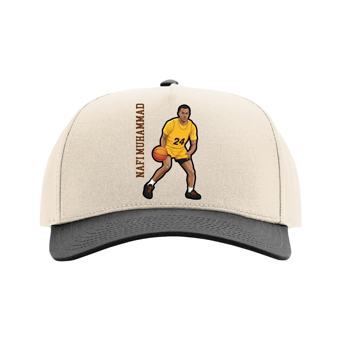Full Fabric Five-Panel Champ Cap — Name Vertical in Cream/Black