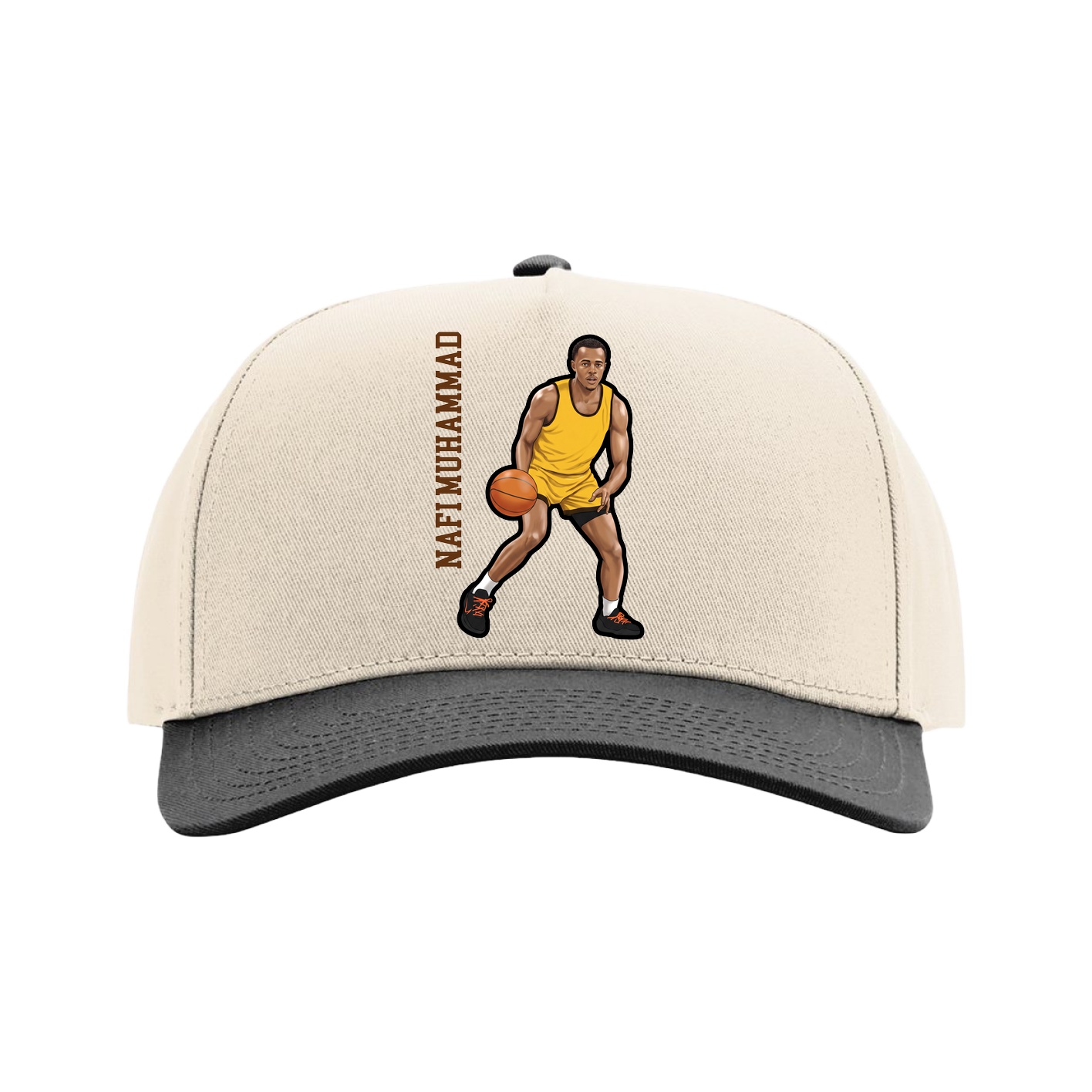 Full Fabric Five-Panel Champ Cap — Name Vertical in Cream/Black