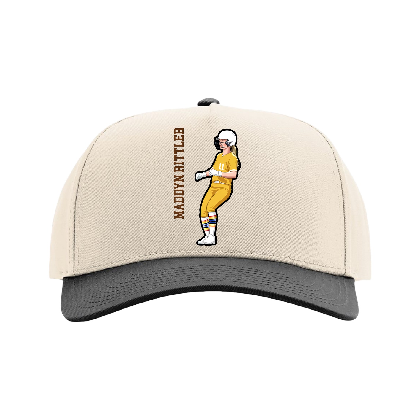 Full Fabric Five-Panel Champ Cap — Name Vertical in Cream/Black