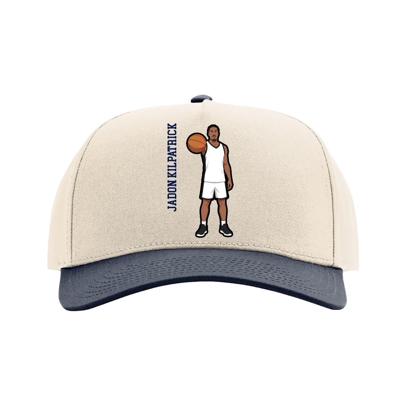 Full Fabric Five-Panel Champ Cap — Name Vertical in Cream/Navy