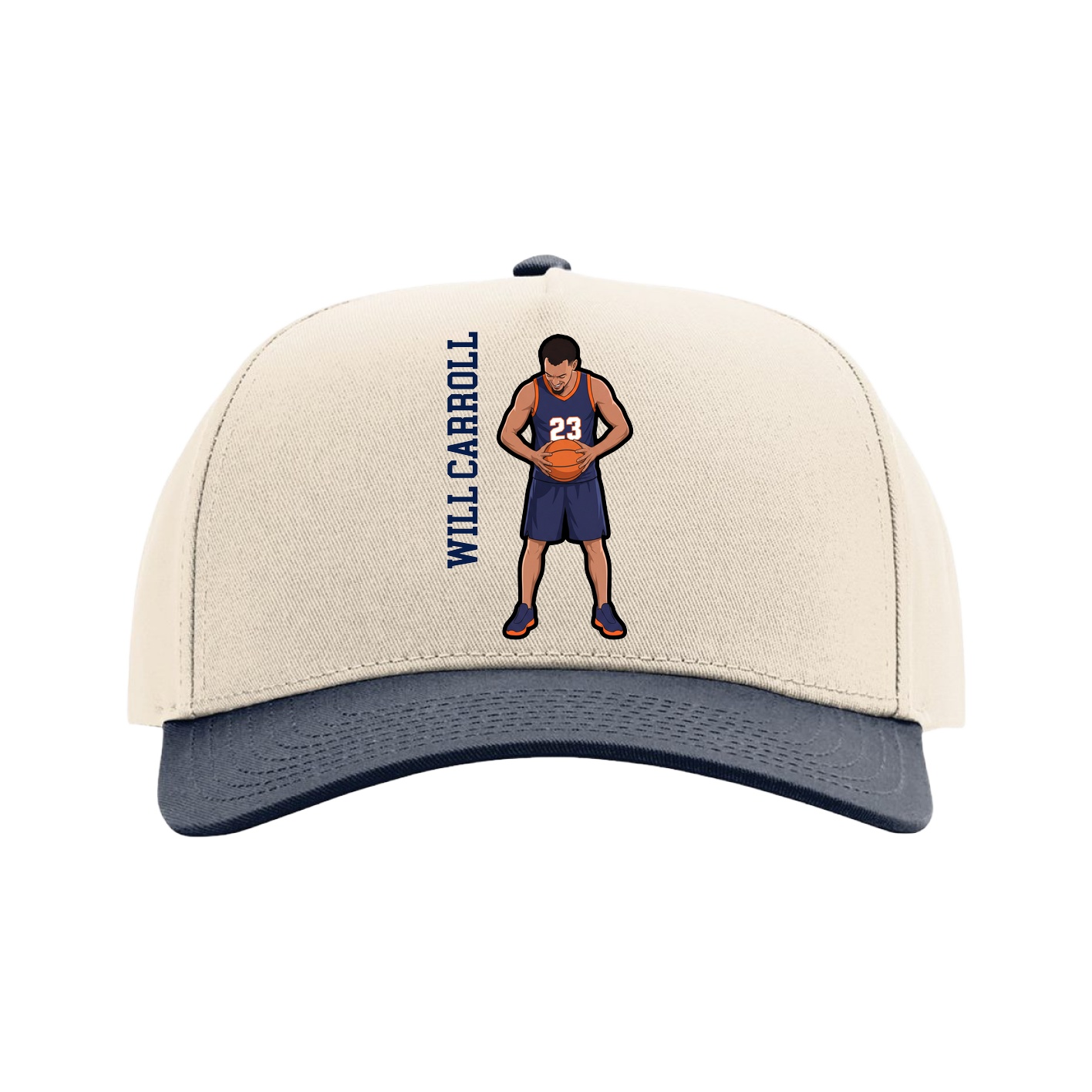 Full Fabric Five-Panel Champ Cap — Name Vertical in Cream/Navy