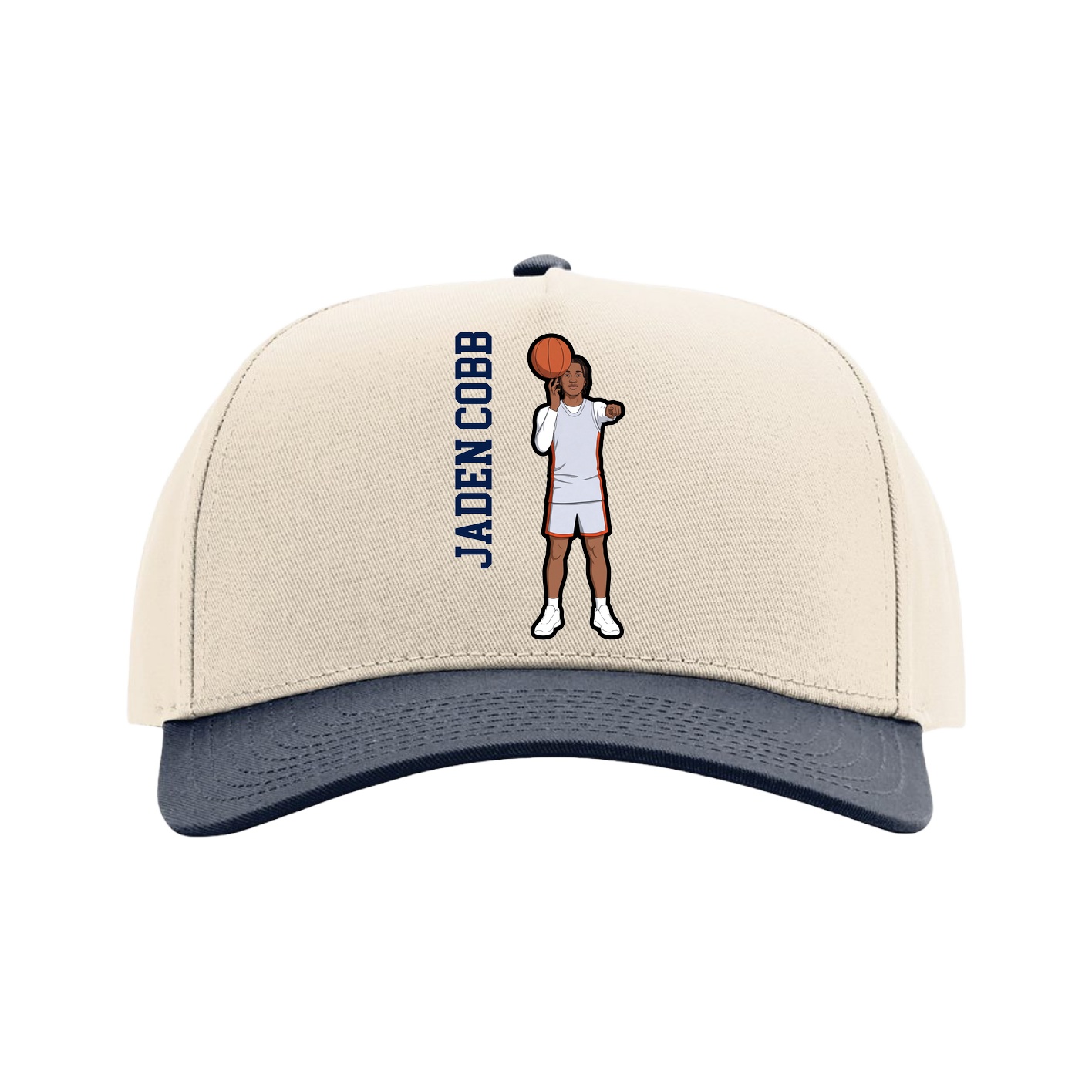 Full Fabric Five-Panel Champ Cap — Name Vertical in Cream/Navy