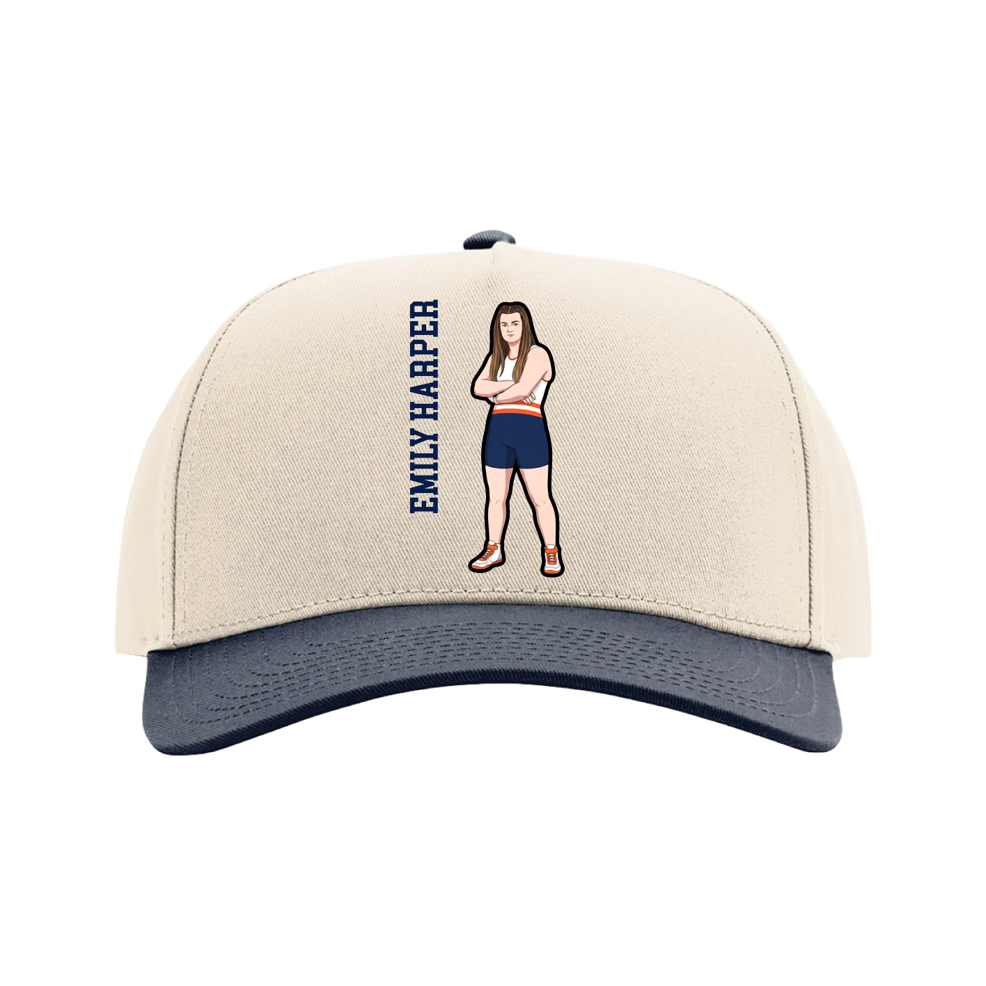 Full Fabric Five-Panel Champ Cap — Name Vertical in Cream/Navy
