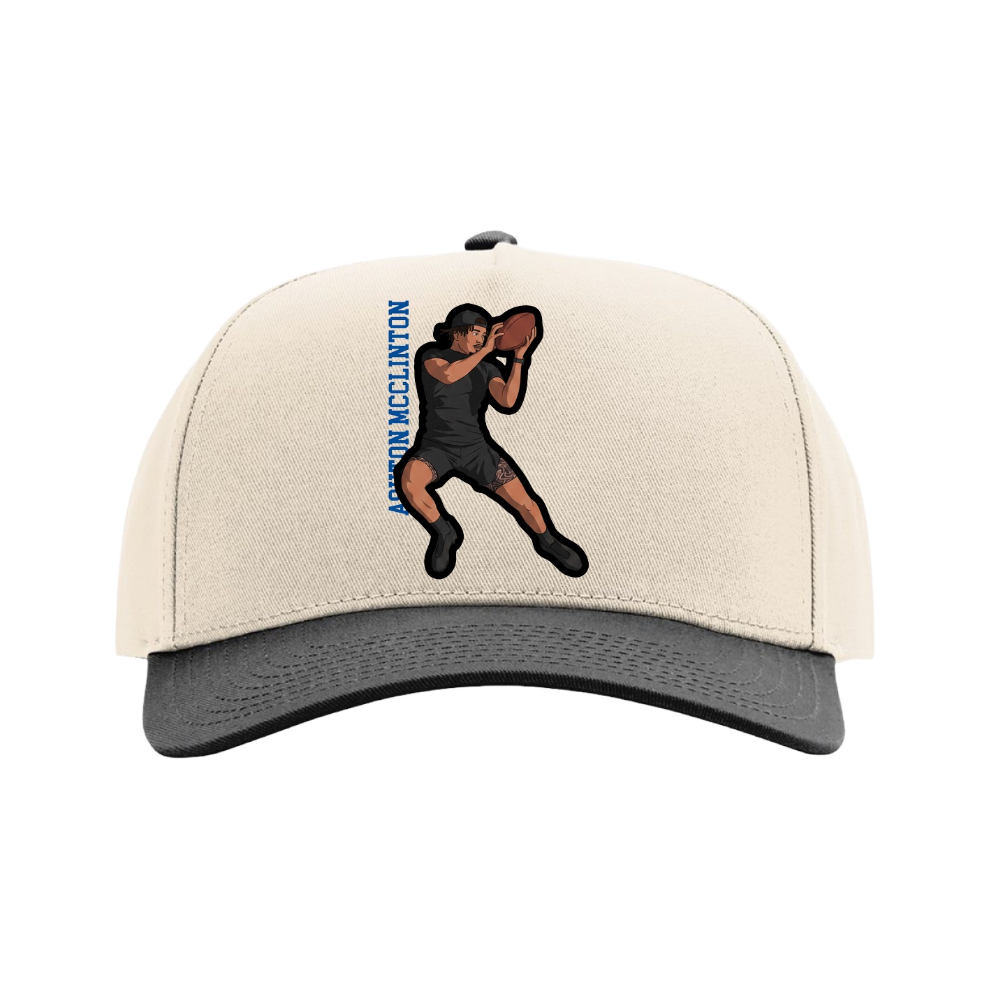 Full Fabric Five-Panel Champ Cap — Name Vertical in Cream/Black