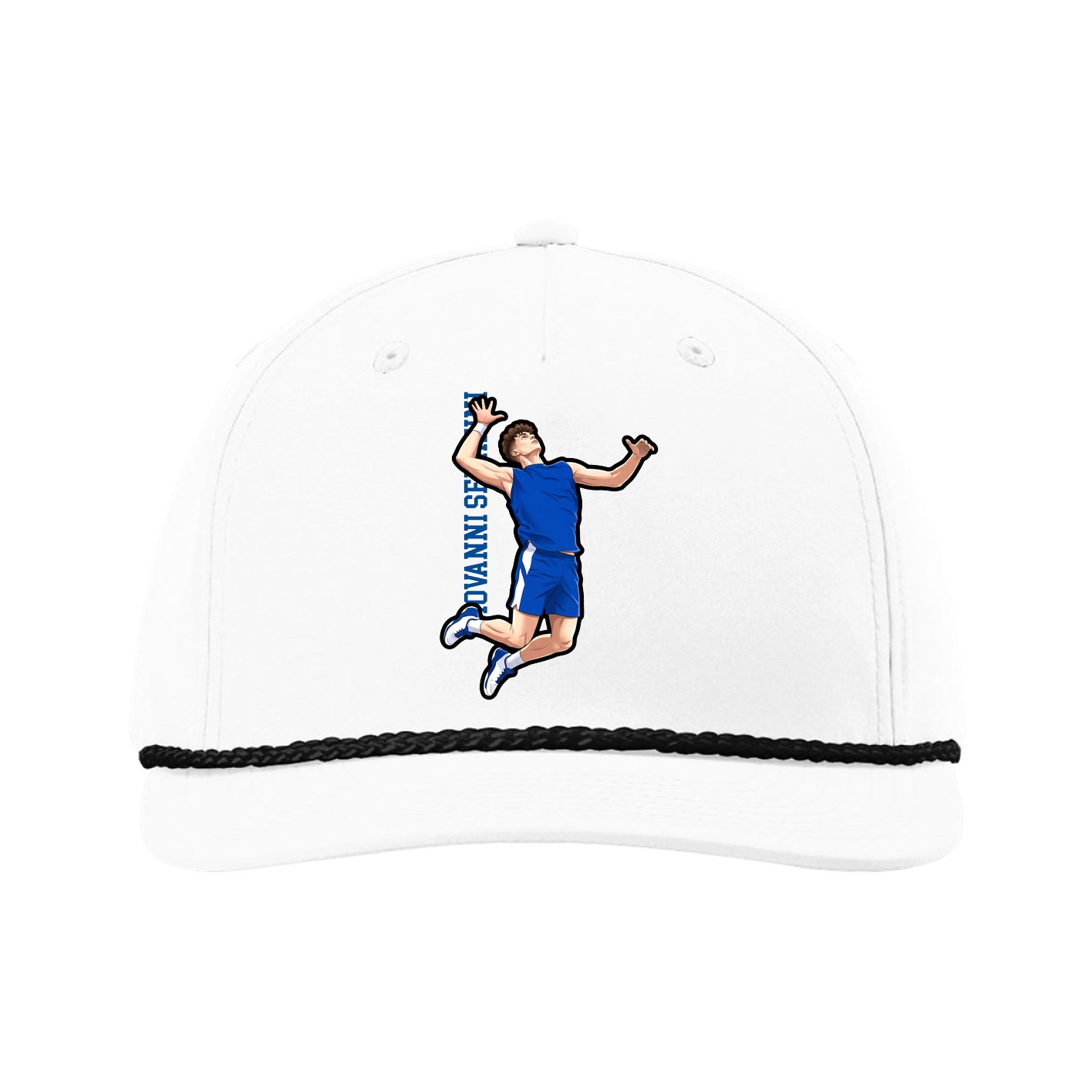 Five-Panel Classic Rope Cap — Name Vertical in White