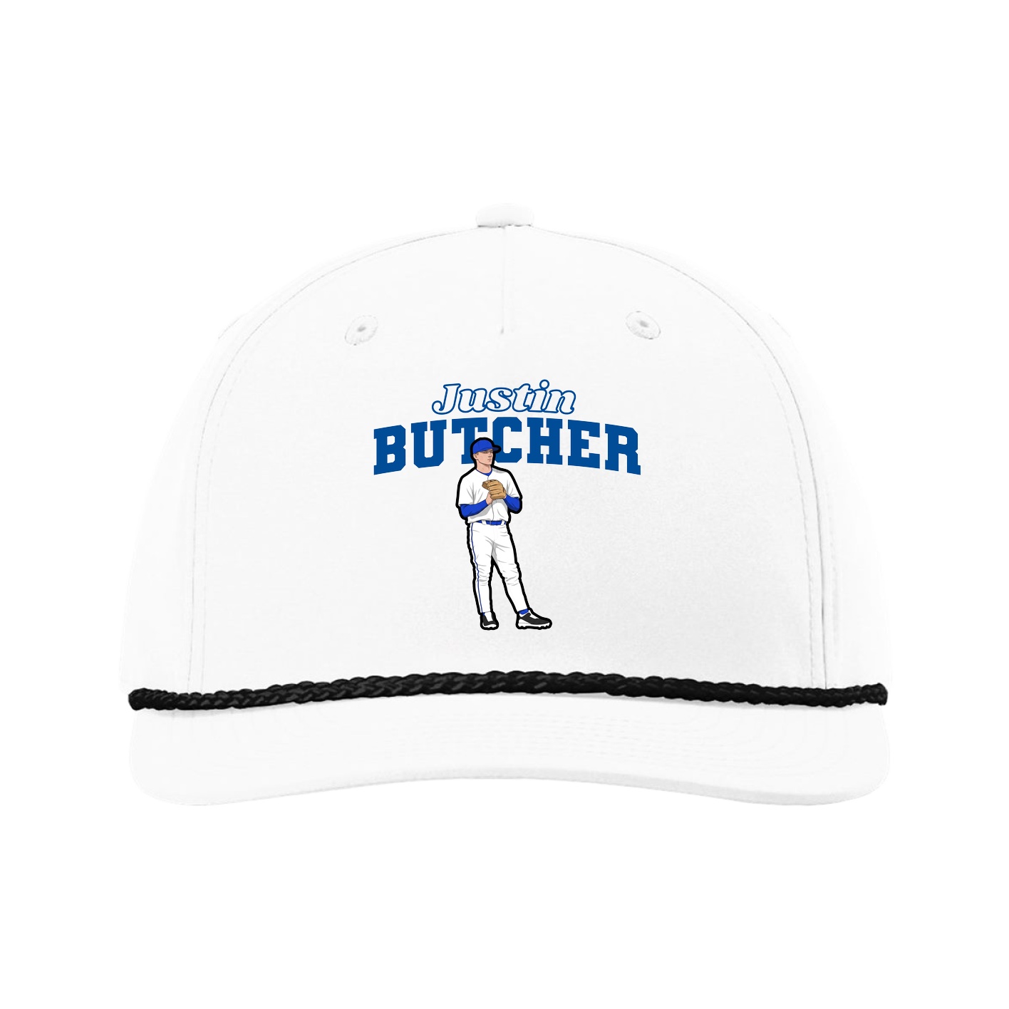 Five-Panel Classic Rope Cap — Name Arch in White