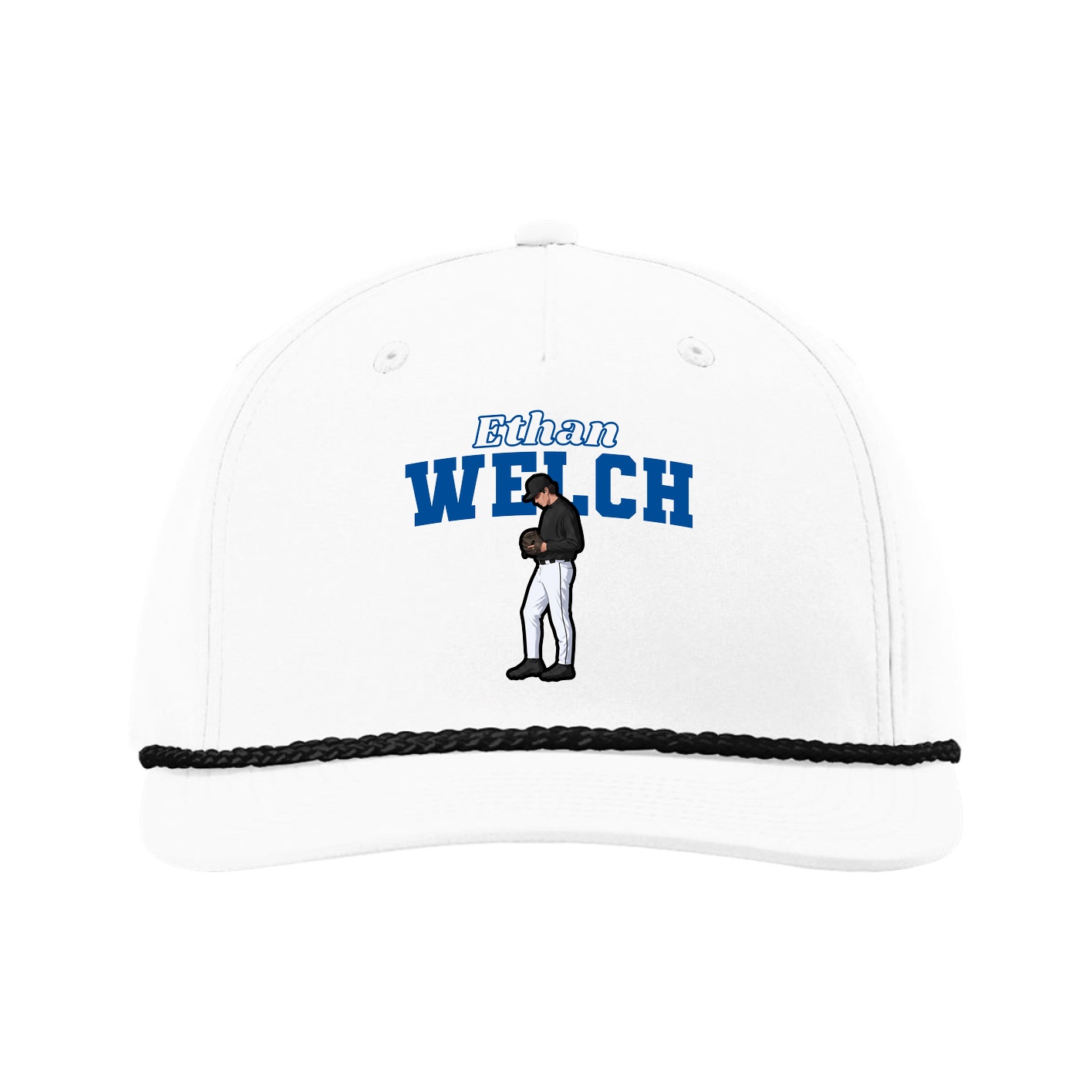 Five-Panel Classic Rope Cap — Name Arch in White