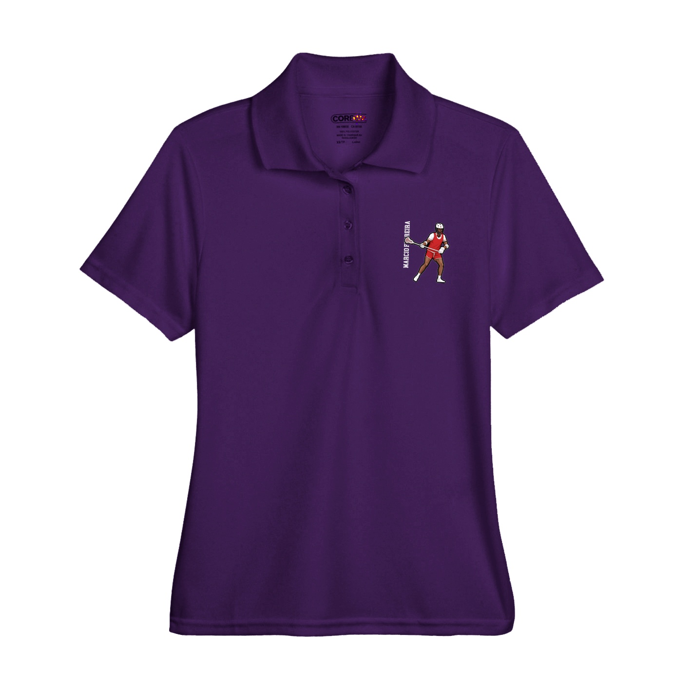 Womens Performance Polo — Name Vertical in Purple