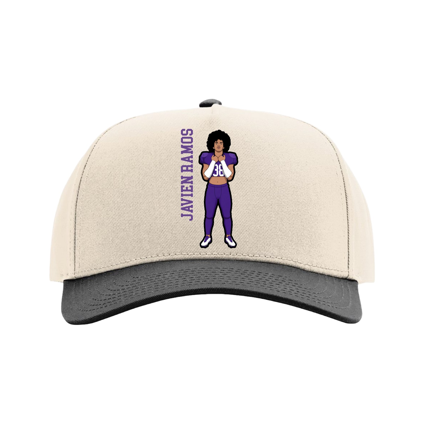 Full Fabric Five-Panel Champ Cap — Name Vertical in Cream/Black