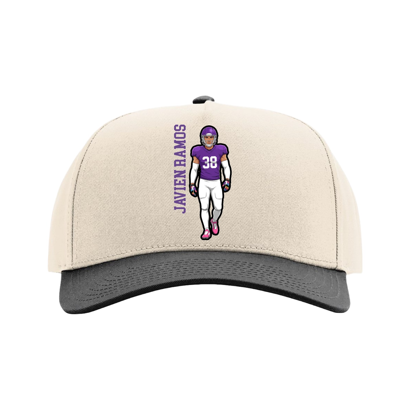 Full Fabric Five-Panel Champ Cap — Name Vertical in Cream/Black