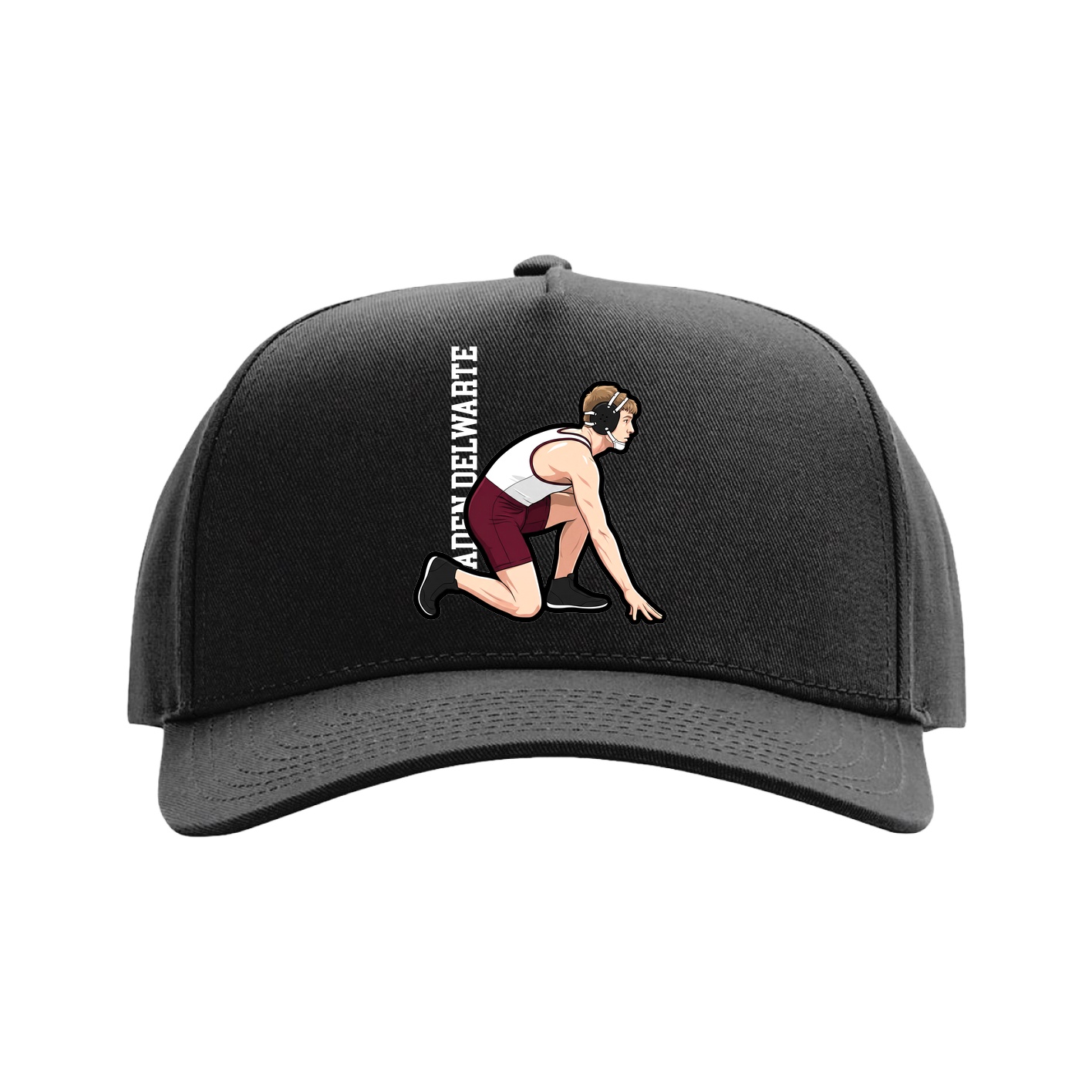 Full Fabric Five-Panel Champ Cap — Name Vertical in Black