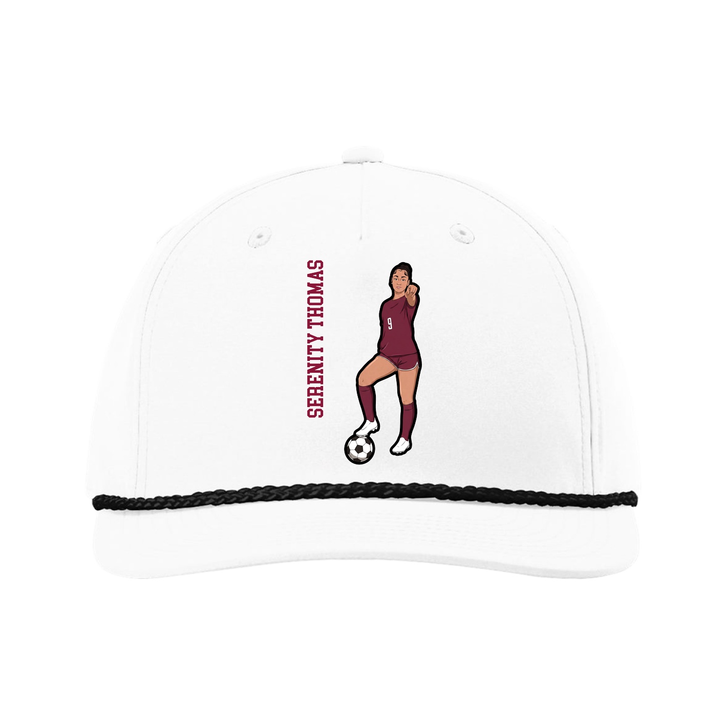 Five-Panel Classic Rope Cap — Name Vertical in White