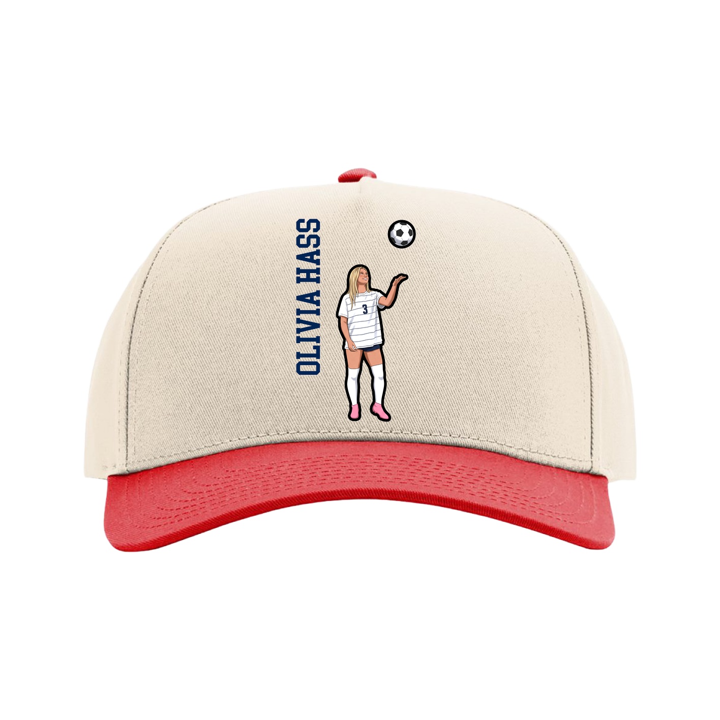 Full Fabric Five-Panel Champ Cap — Name Vertical in Cream/Red