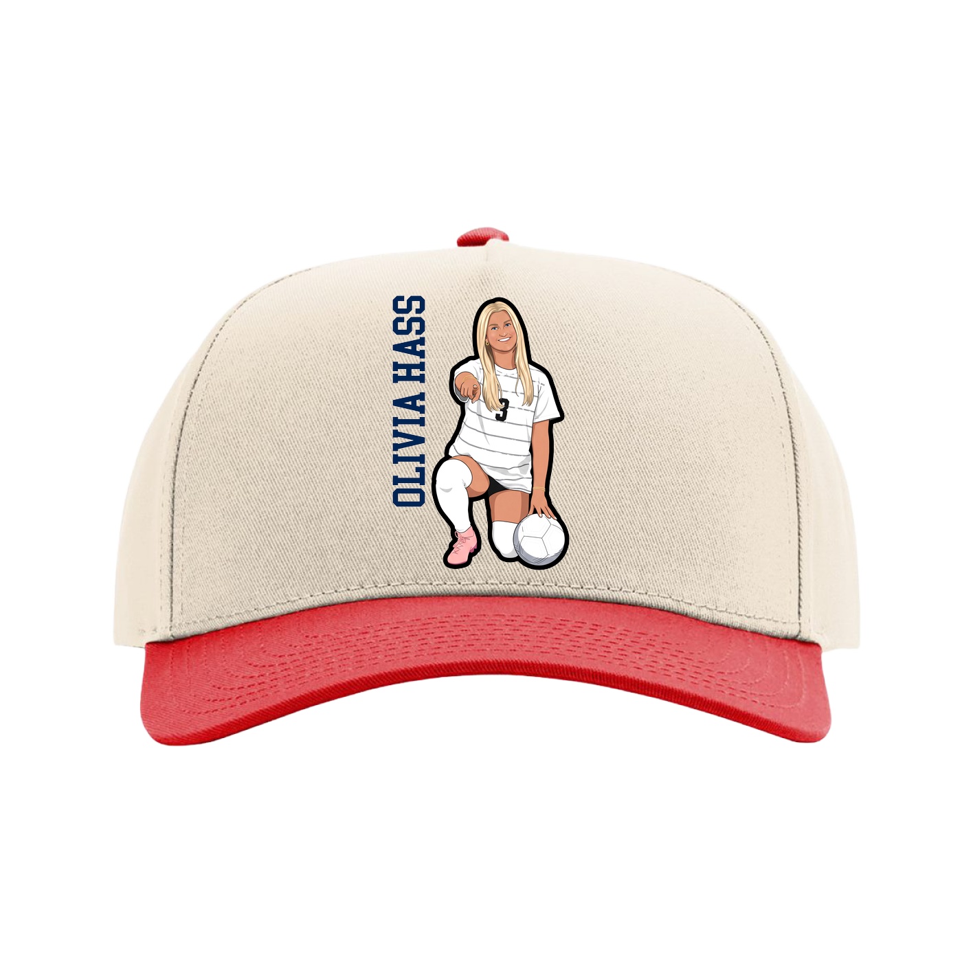 Full Fabric Five-Panel Champ Cap — Name Vertical in Cream/Red