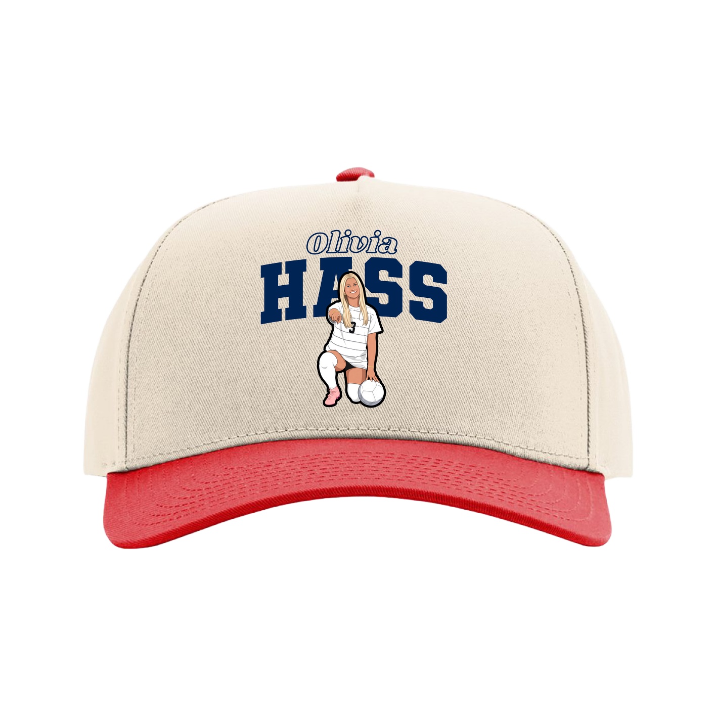 Full Fabric Five-Panel Champ Cap — Name Arch in Cream/Red
