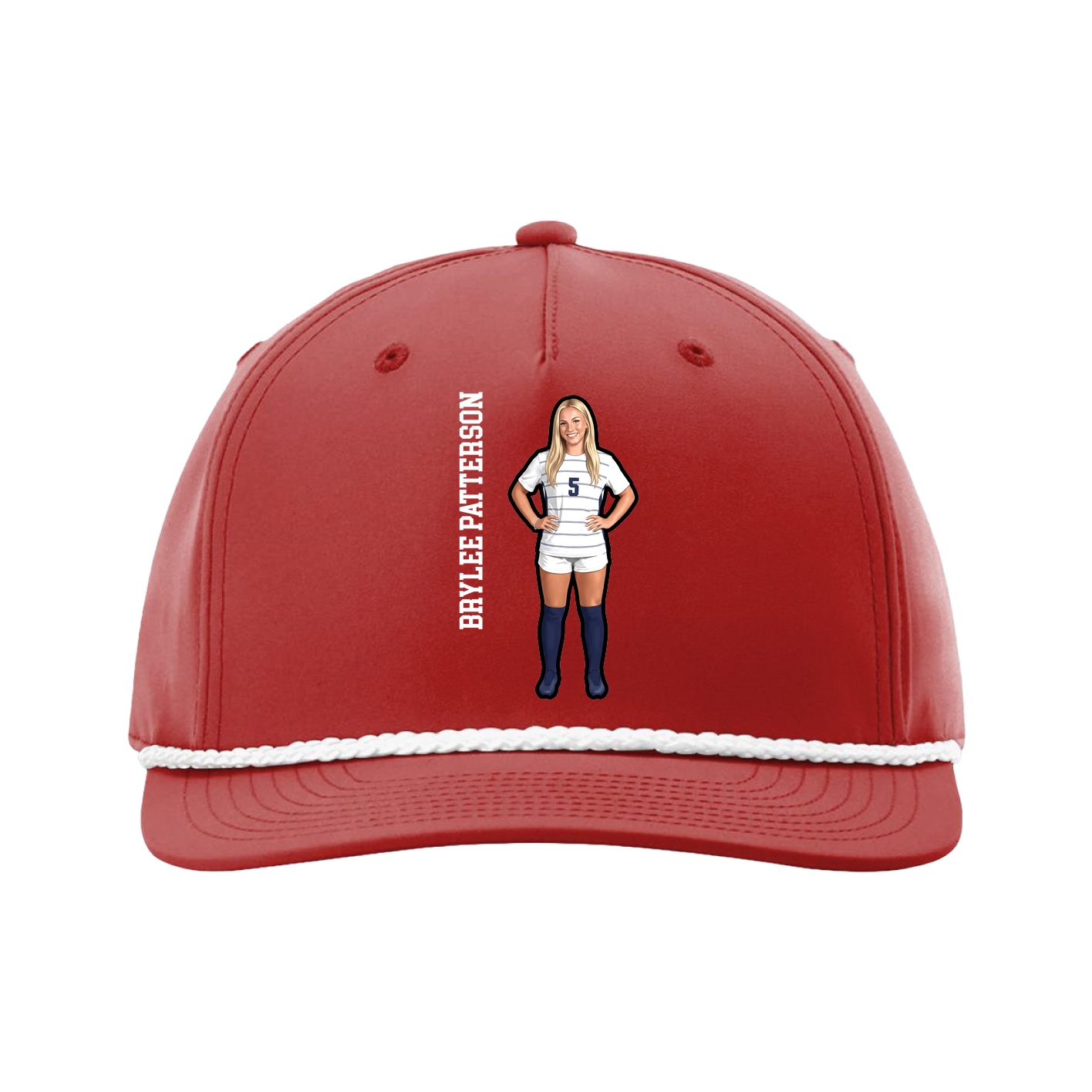 Five-Panel Classic Rope Cap — Name Vertical in Red