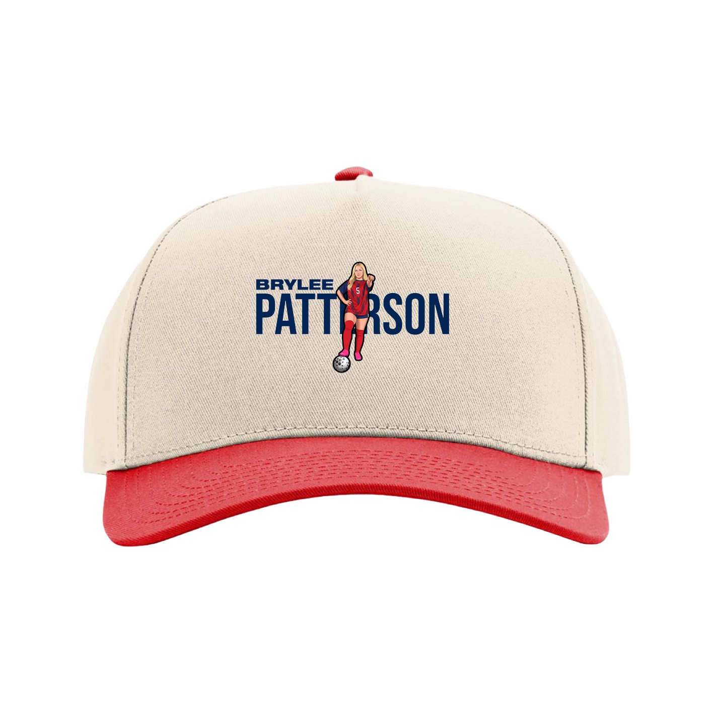 Full Fabric Five-Panel Champ Cap — Player Name in Cream/Red