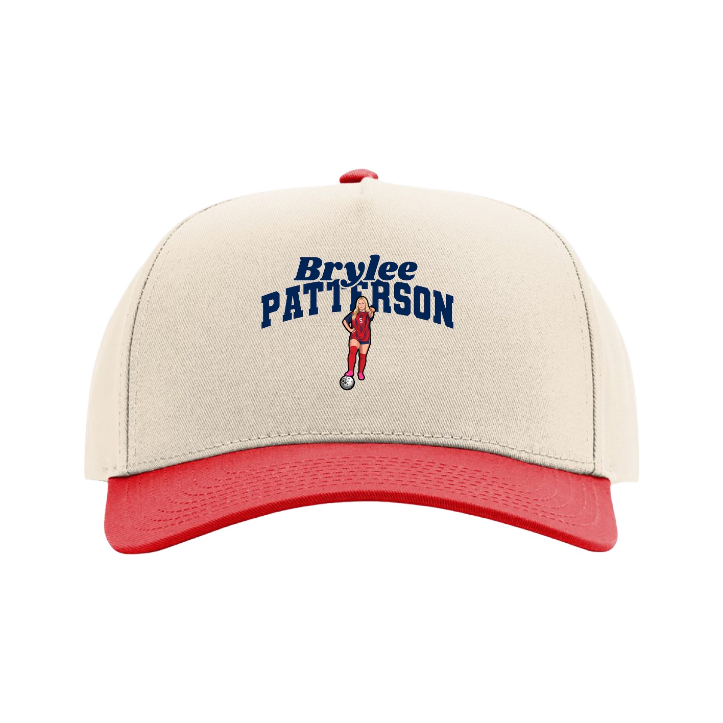 Full Fabric Five-Panel Champ Cap — Signature Arch in Cream/Red