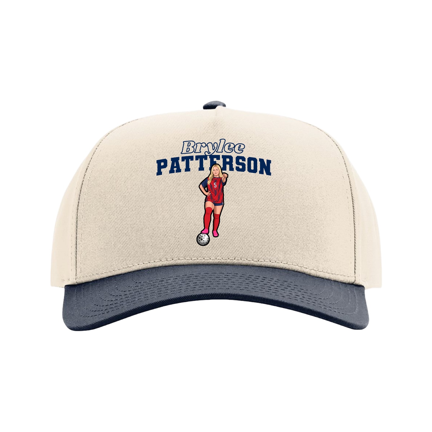 Full Fabric Five-Panel Champ Cap — Name Arch in Cream/Navy