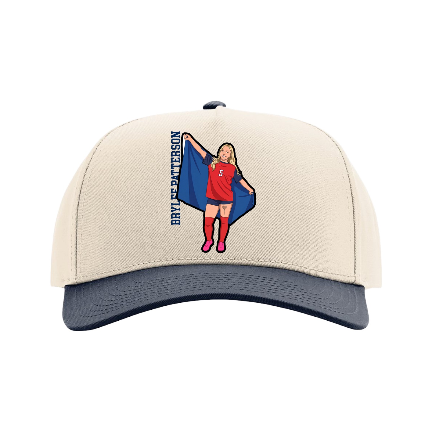 Full Fabric Five-Panel Champ Cap — Name Vertical in Cream/Navy