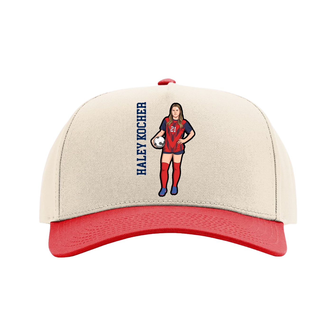 Full Fabric Five-Panel Champ Cap — Name Vertical in Cream/Red