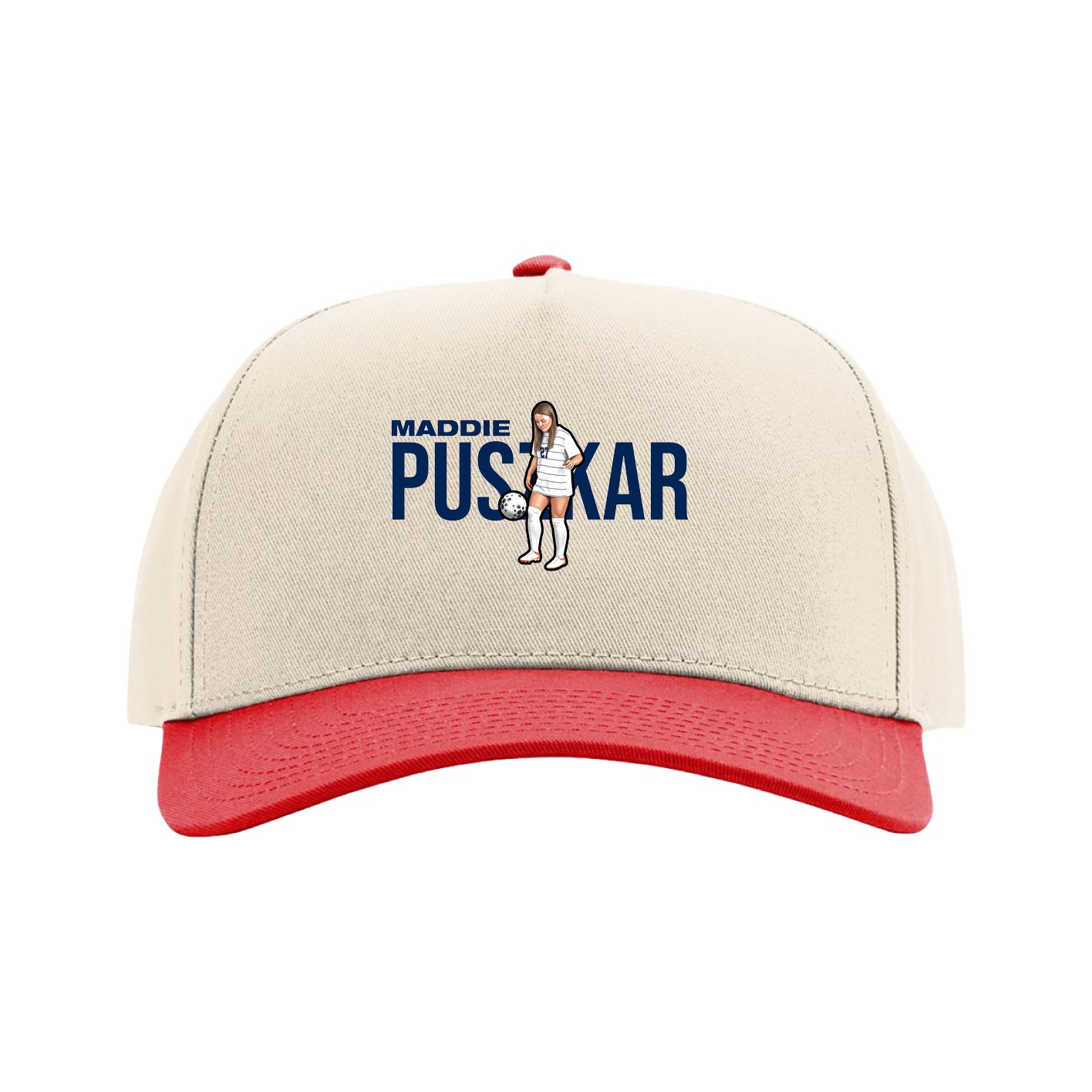 Full Fabric Five-Panel Champ Cap — Player Name in Cream/Red