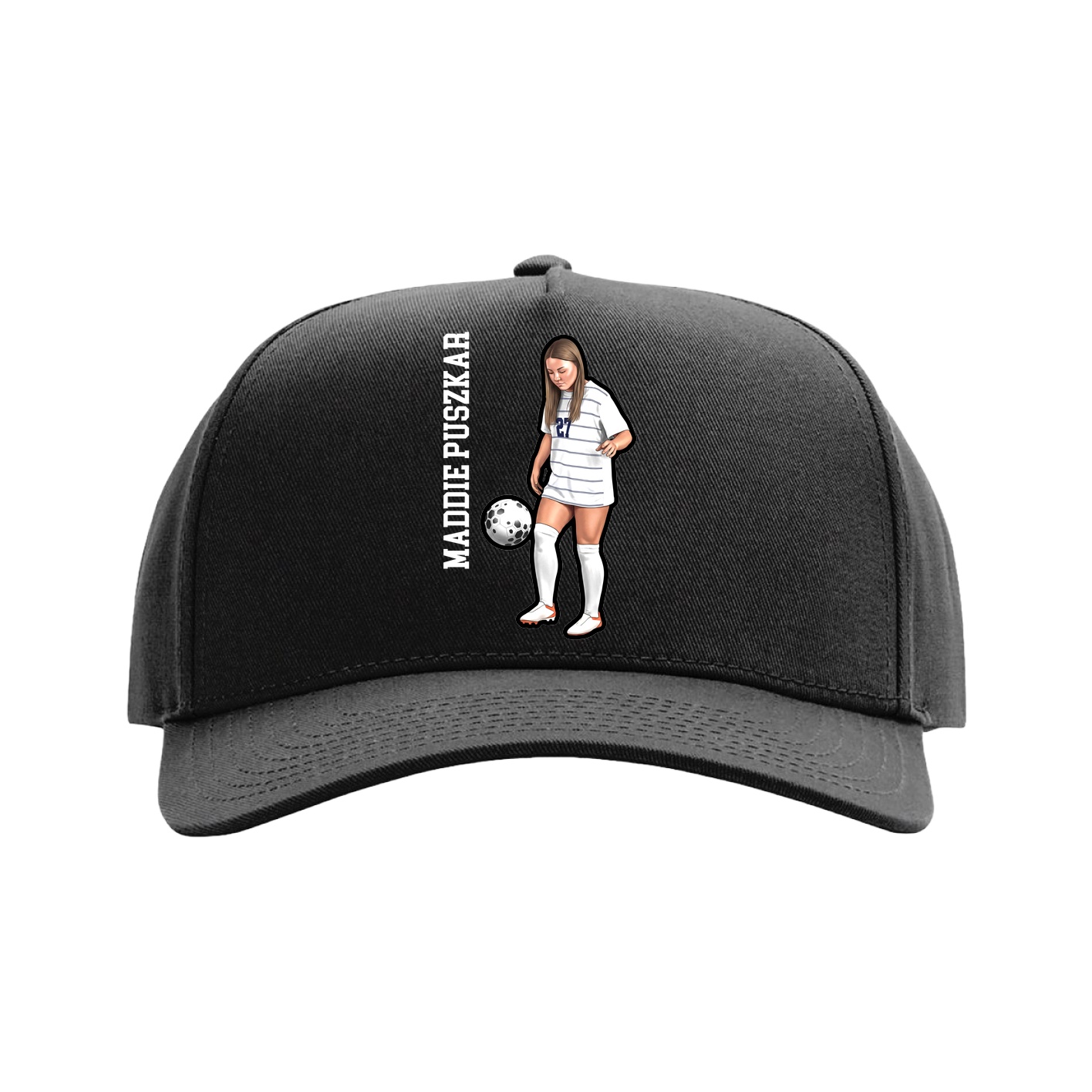Full Fabric Five-Panel Champ Cap — Name Vertical in Black