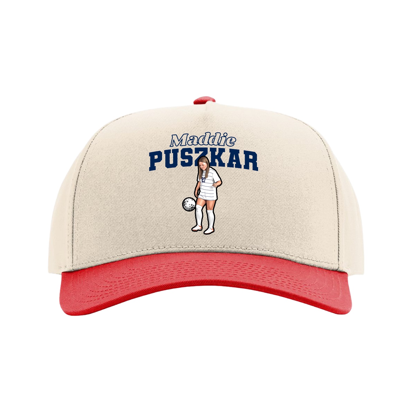 Full Fabric Five-Panel Champ Cap — Name Arch in Cream/Red