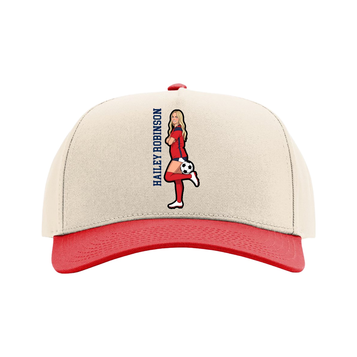 Full Fabric Five-Panel Champ Cap — Name Vertical in Cream/Red