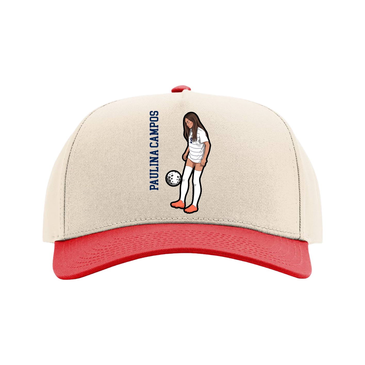 Full Fabric Five-Panel Champ Cap — Name Vertical in Cream/Red